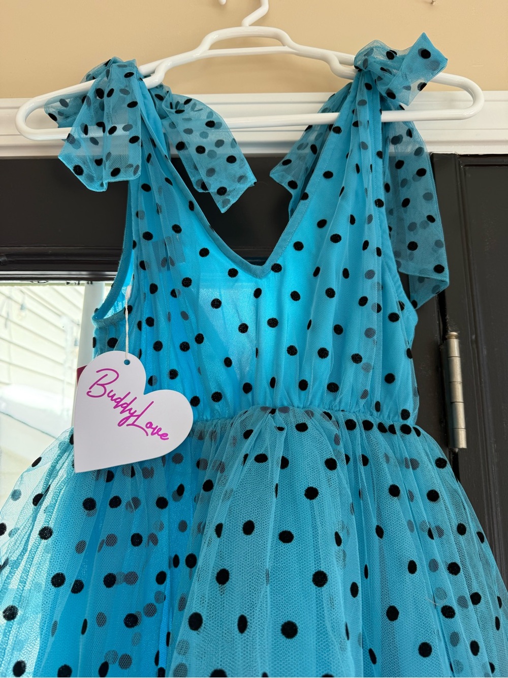 Teal Blue Polka Dot Tulle Party Dress with Black Dots
